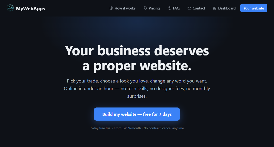 mywebapps.uk homepage — your business deserves a proper website